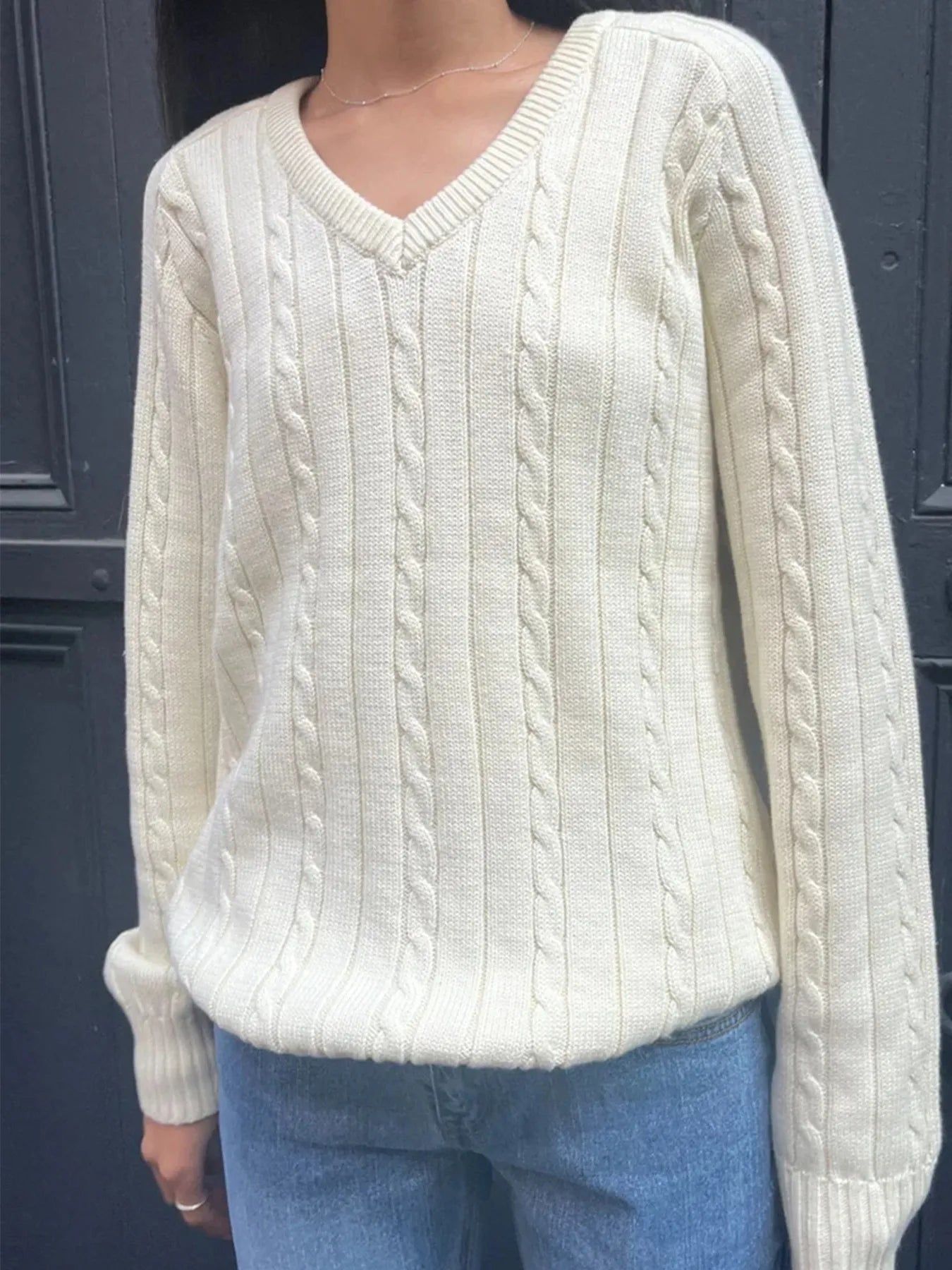 Devine Knit Tops White / S Cable Knit V-Neck Pullover Sweater