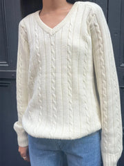 Devine Knit Tops White / S Cable Knit V-Neck Pullover Sweater