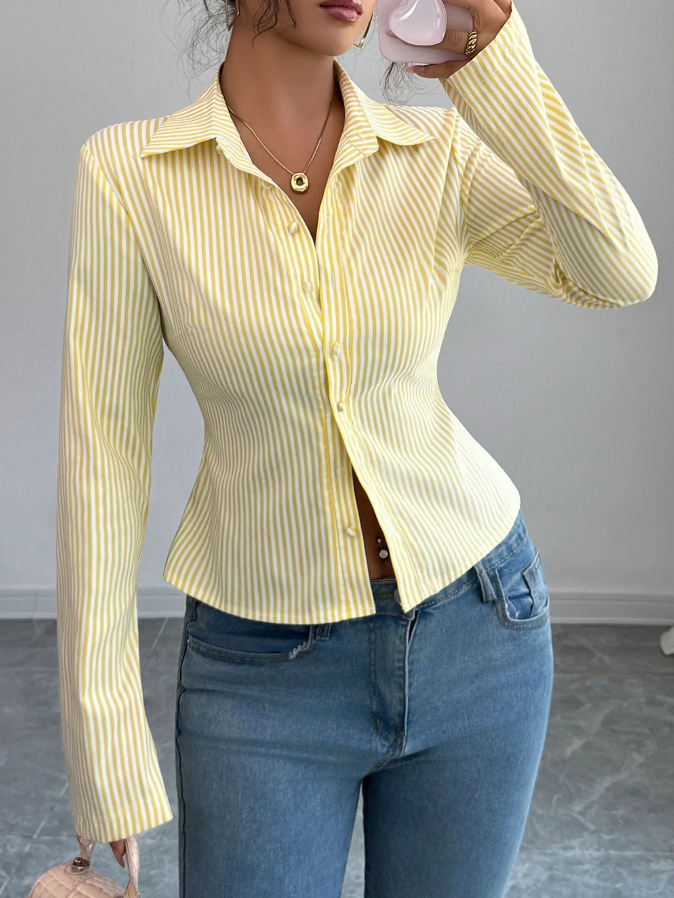Devine Pastel Yellow / S Striped Button-Up Long Sleeve Shirt