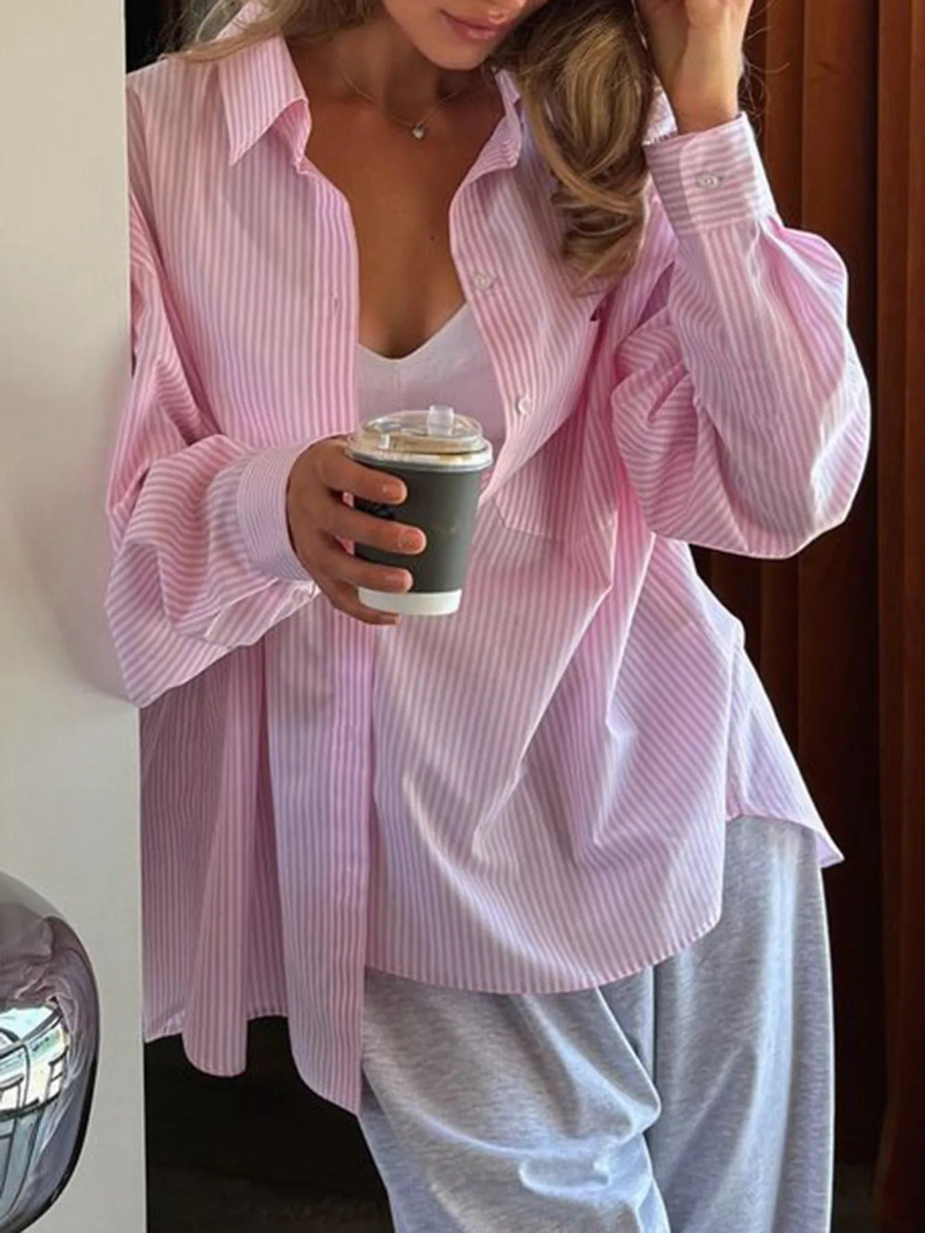 Devine Pink / S Collared Neck Long Sleeve Striped Button-Up Shirt