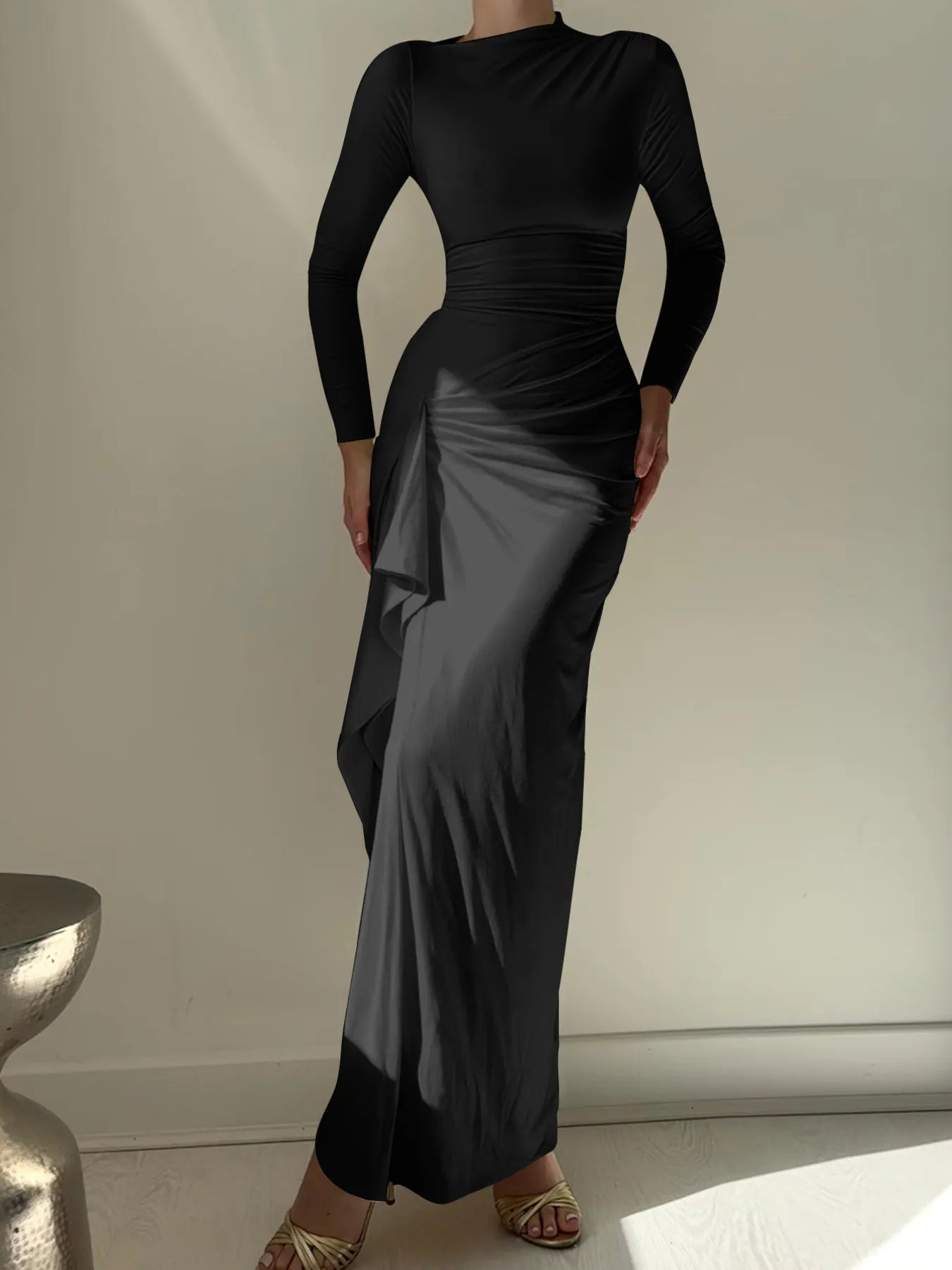 Devine Ruched Long Sleeve Maxi Dress