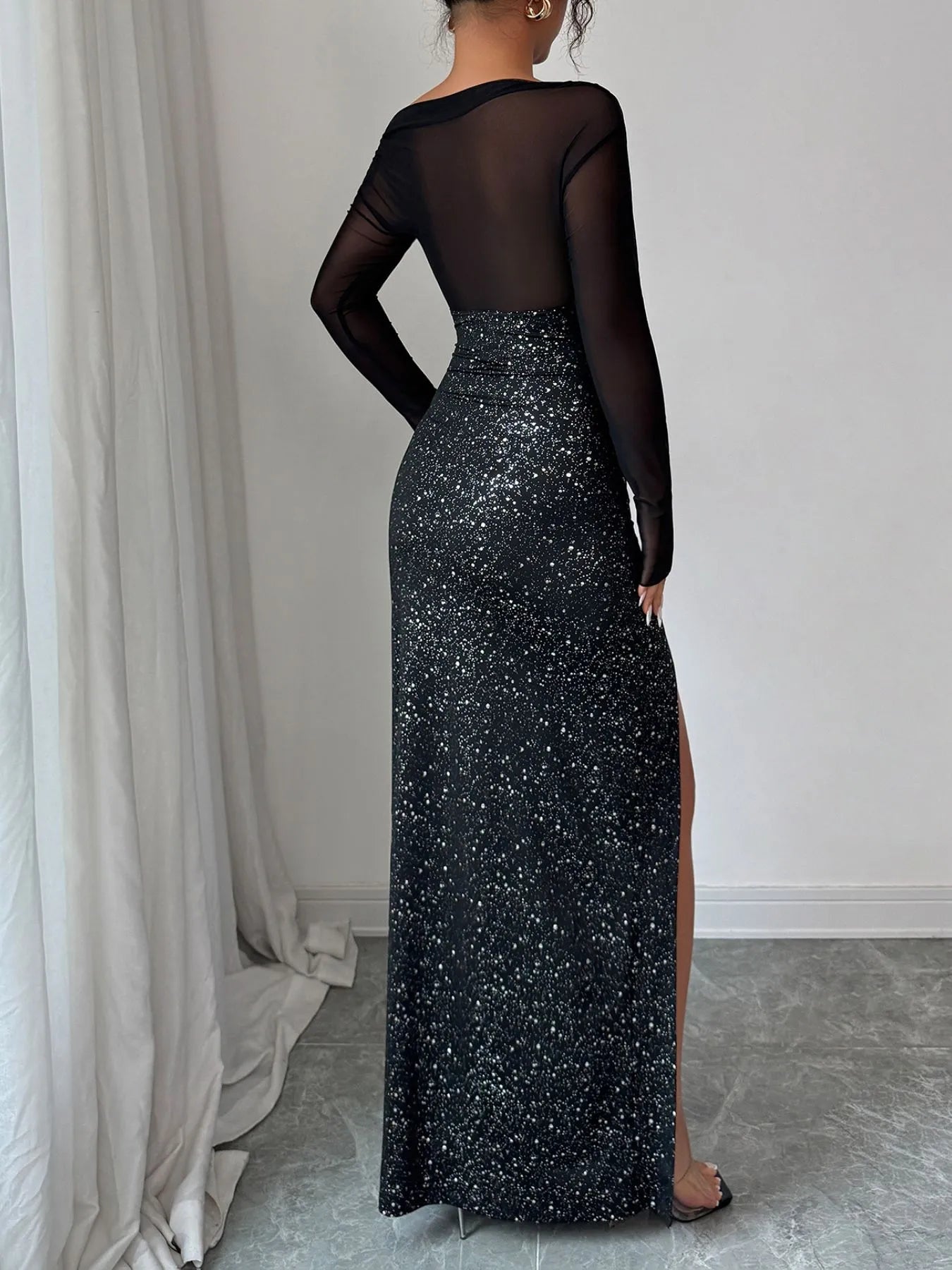 Devine Sequin Slit One Shoulder Maxi Dress