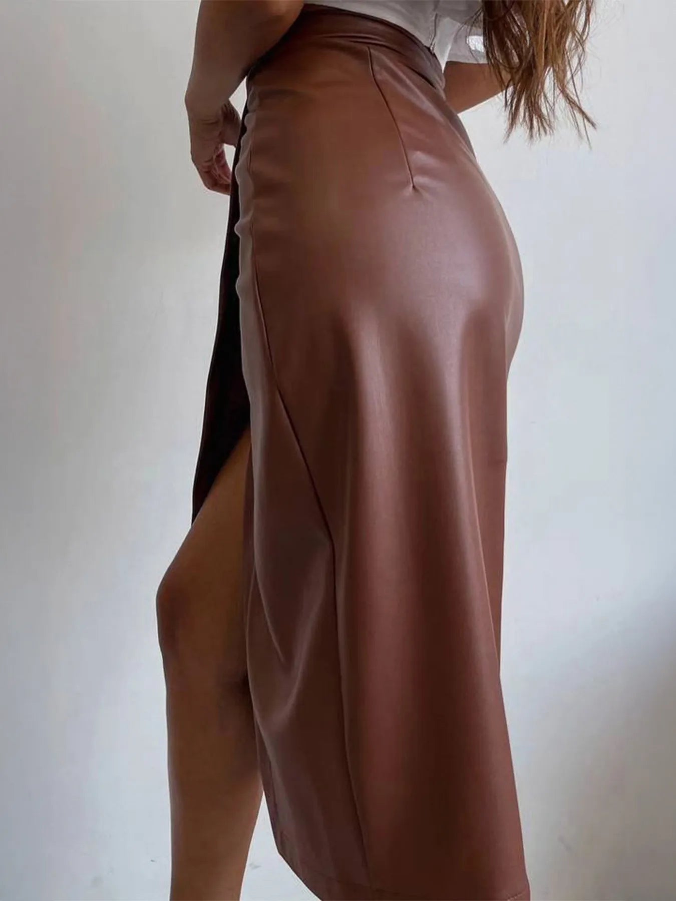 Devine Slit Leather Midi Skirt