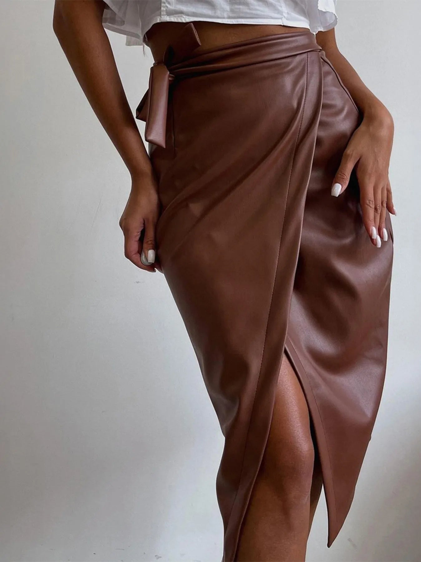 Devine Slit Leather Midi Skirt