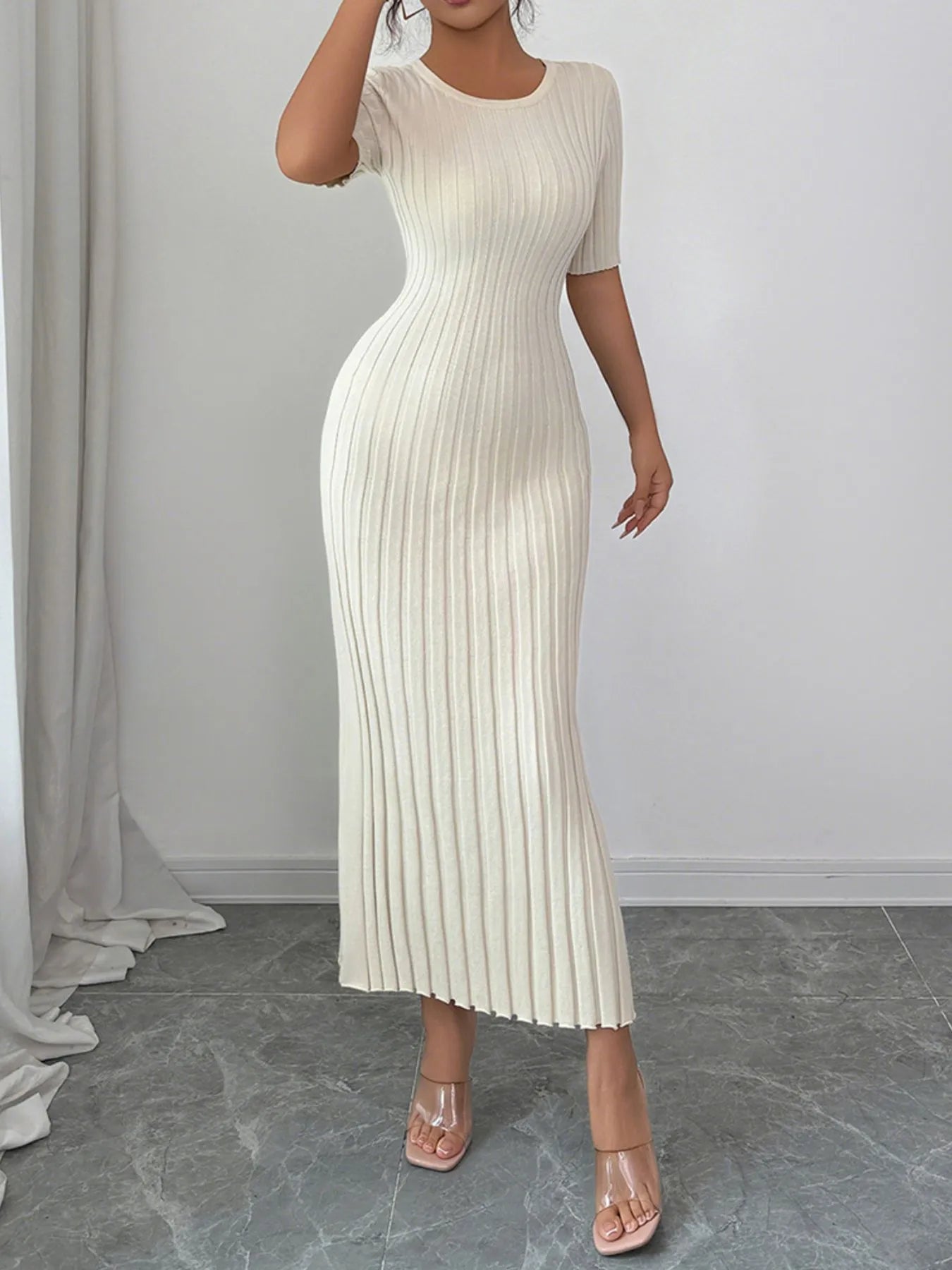 Devine Sweater Dresses Apricot / S Round Neck Short Sleeve Sweater Dress