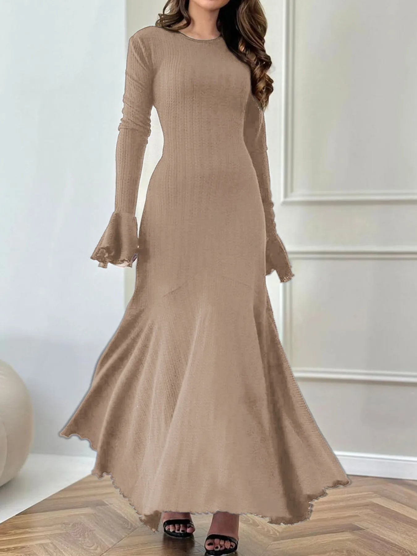 Devine Sweater Dresses Elegant Ribbed Long Sleeve Mermaid Sweater Dress