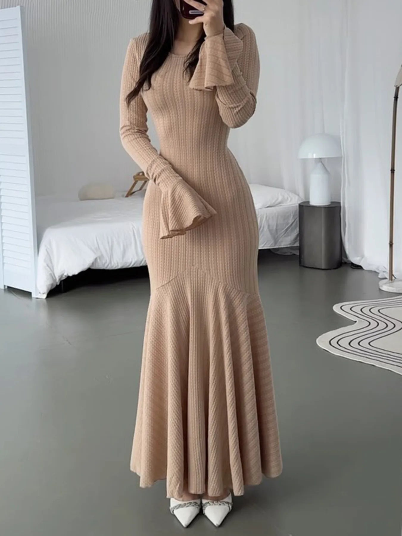 Devine Sweater Dresses Elegant Ribbed Long Sleeve Mermaid Sweater Dress