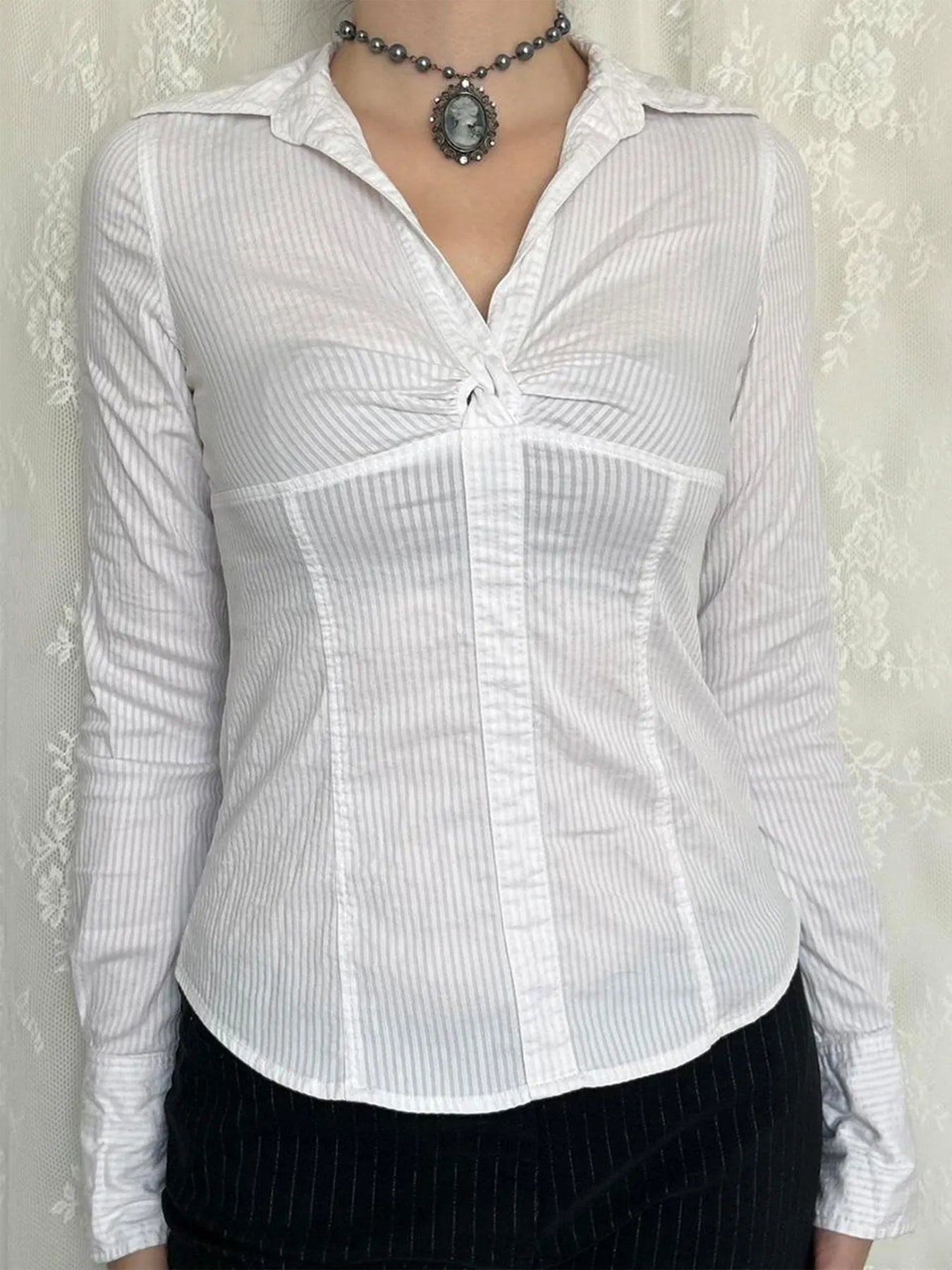 Devine White / S Ruched Striped Collared Neck Long Sleeve Shirt