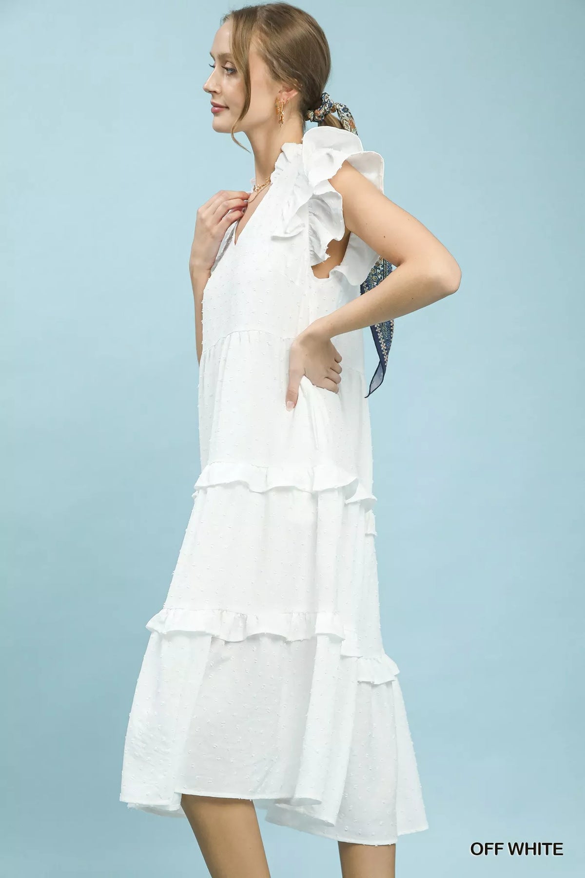 Tiered midi dress shown from the front showing the layered skirt