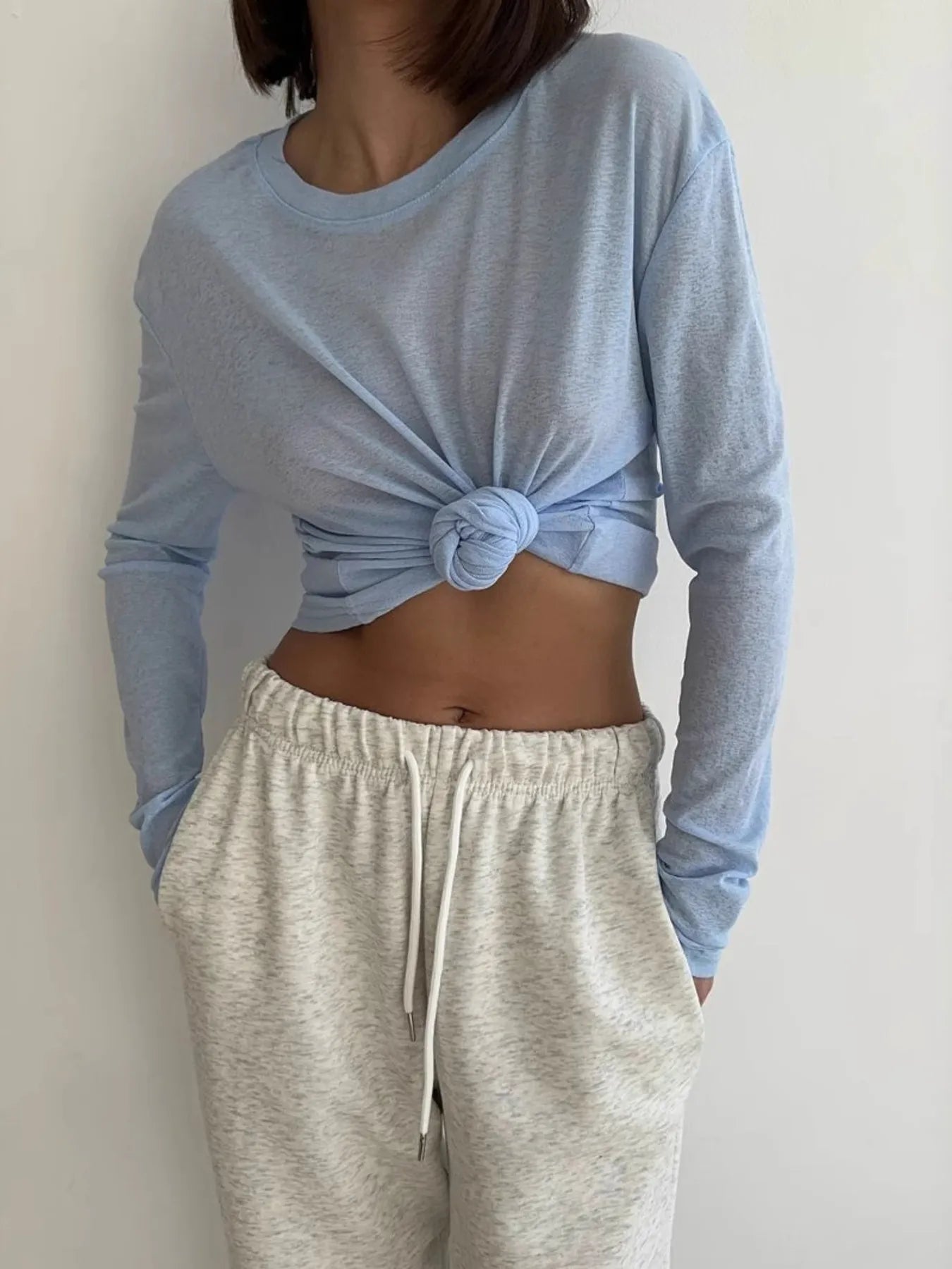 Knotted Long Sleeve T-Shirt Dusty Blue - Fashorio