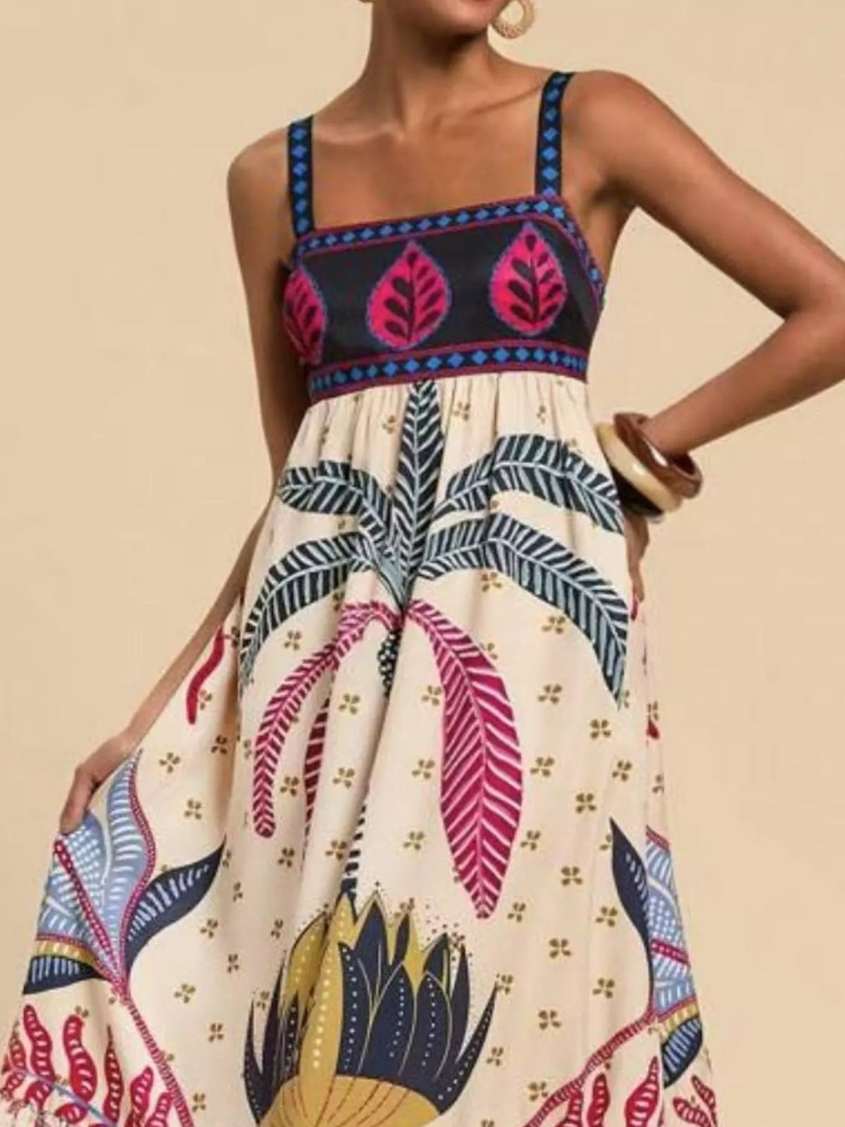 Square neckline detail of maxi dress