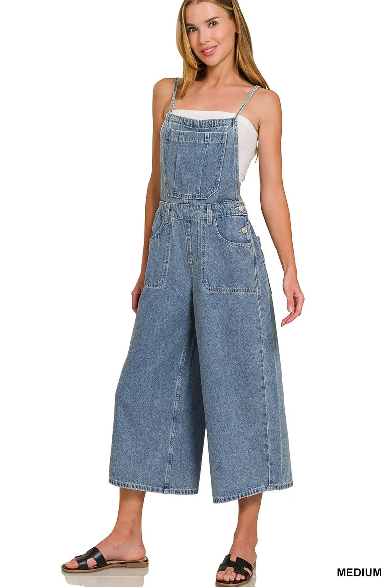 Zenana Denim Medium Washed Wide Leg Overalls - Fashorio