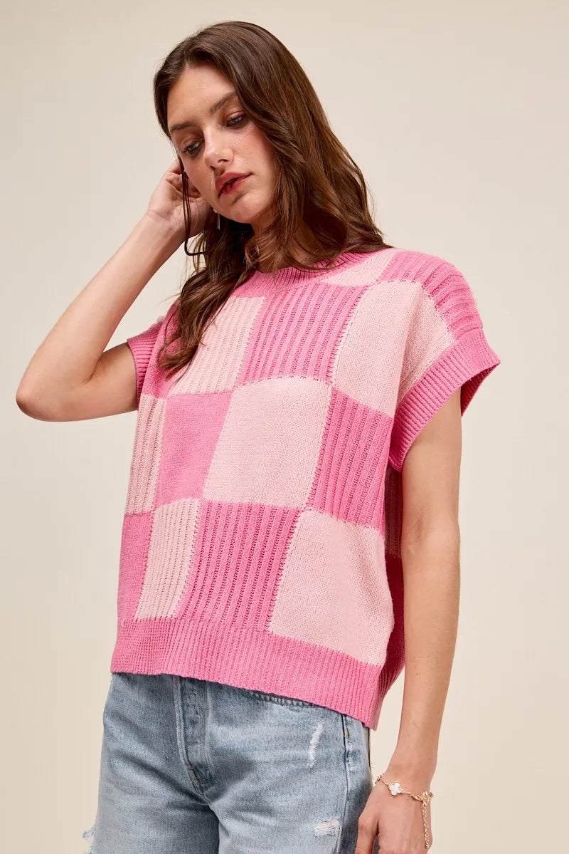 Oversized Check Plaid Ribbed Sweater Top detail