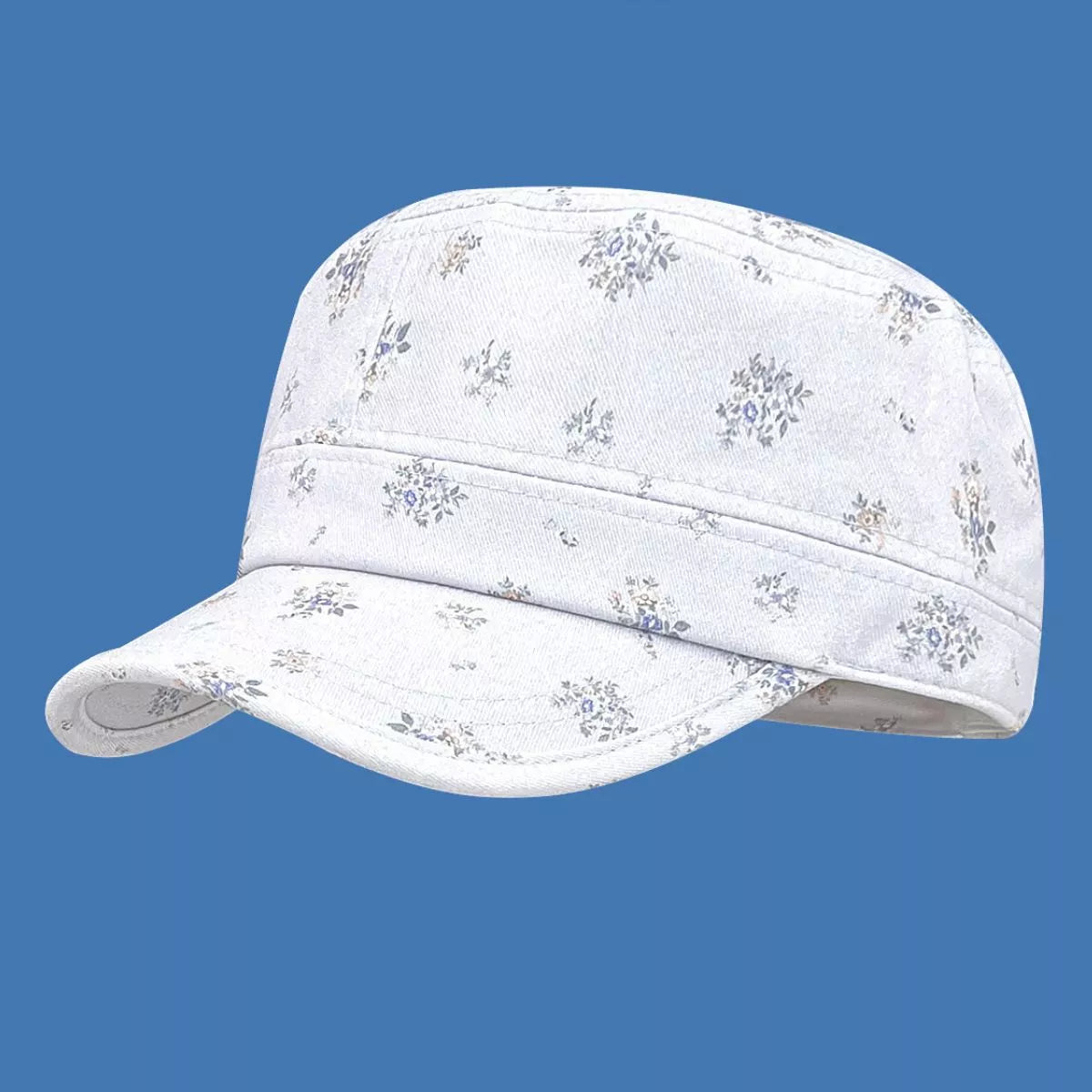 Close view of the floral print on the cotton hat