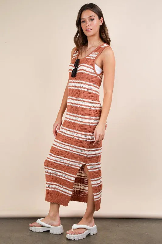 VERY J Stripe Knit Casual Sweater Midi Dress - Fashorio