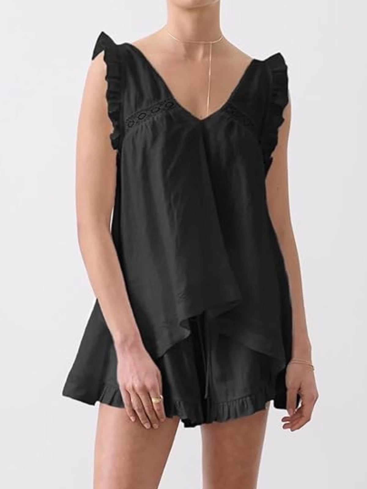 Ruffle Trim V Neck Top and Shorts Two Piece Set, view 13