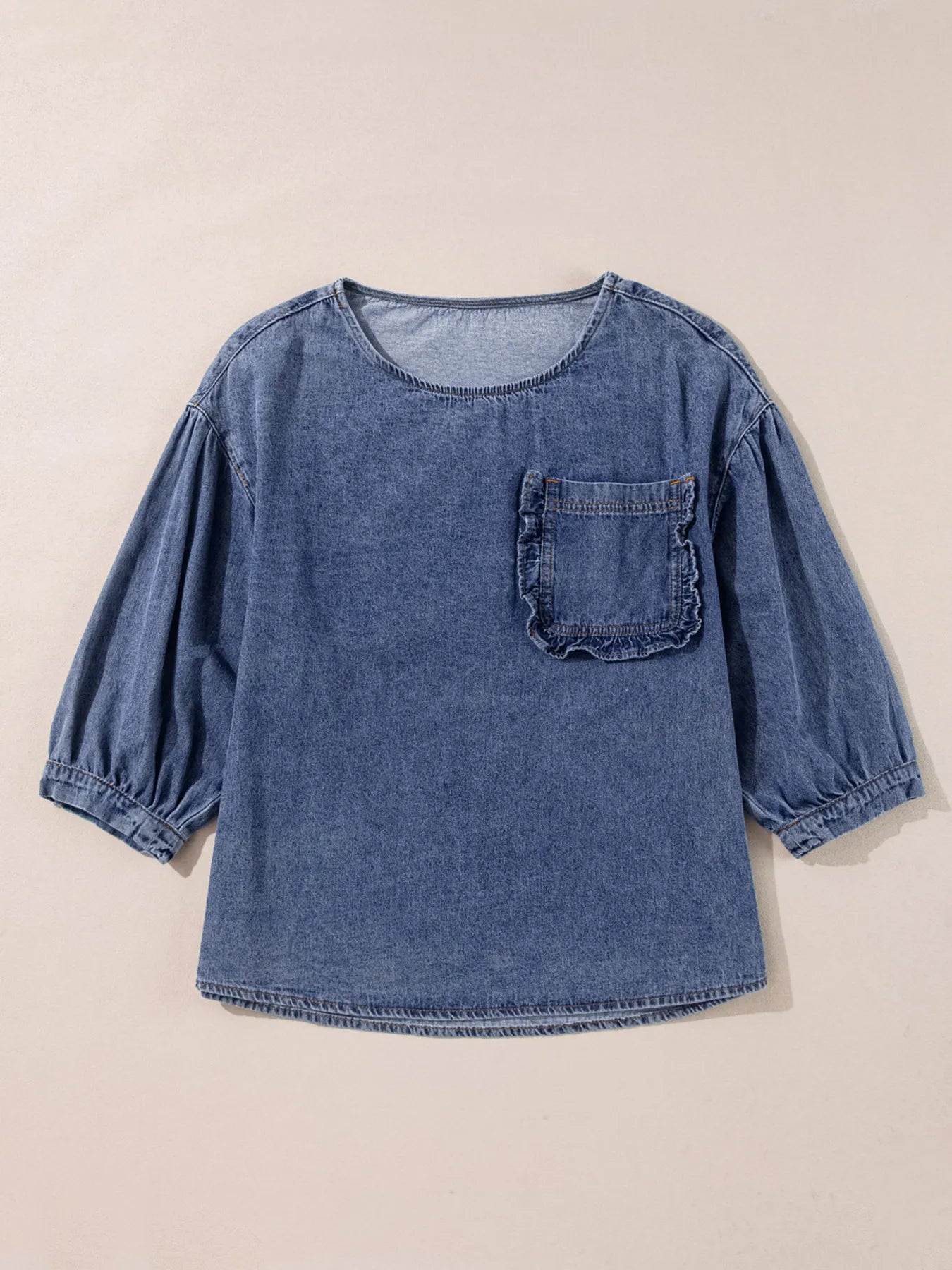 3/4 Sleeve Ruffled Patched Pocket Denim Blouse - Fashorio