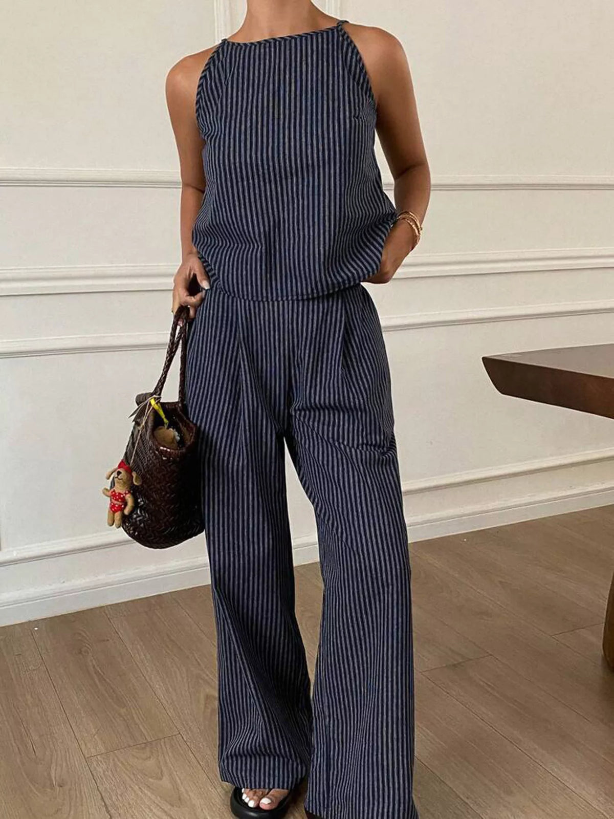 Striped sleeveless top and wide leg pants set front view