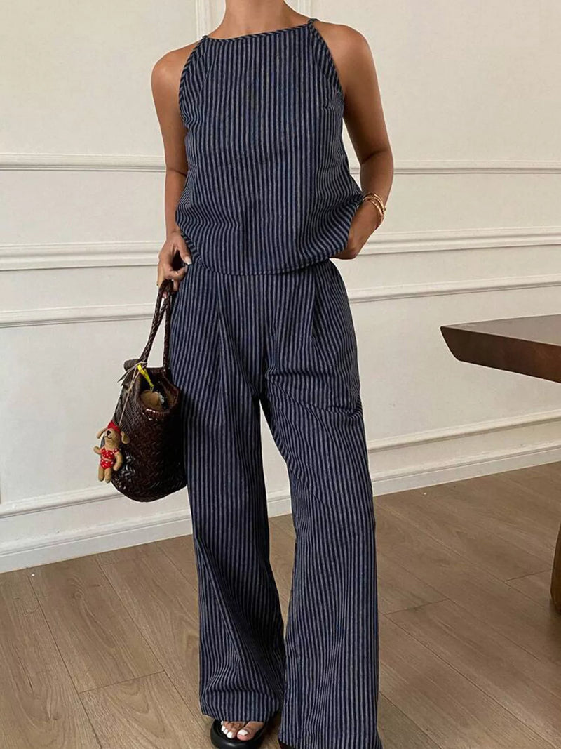 Striped sleeveless top and wide leg pants set front view