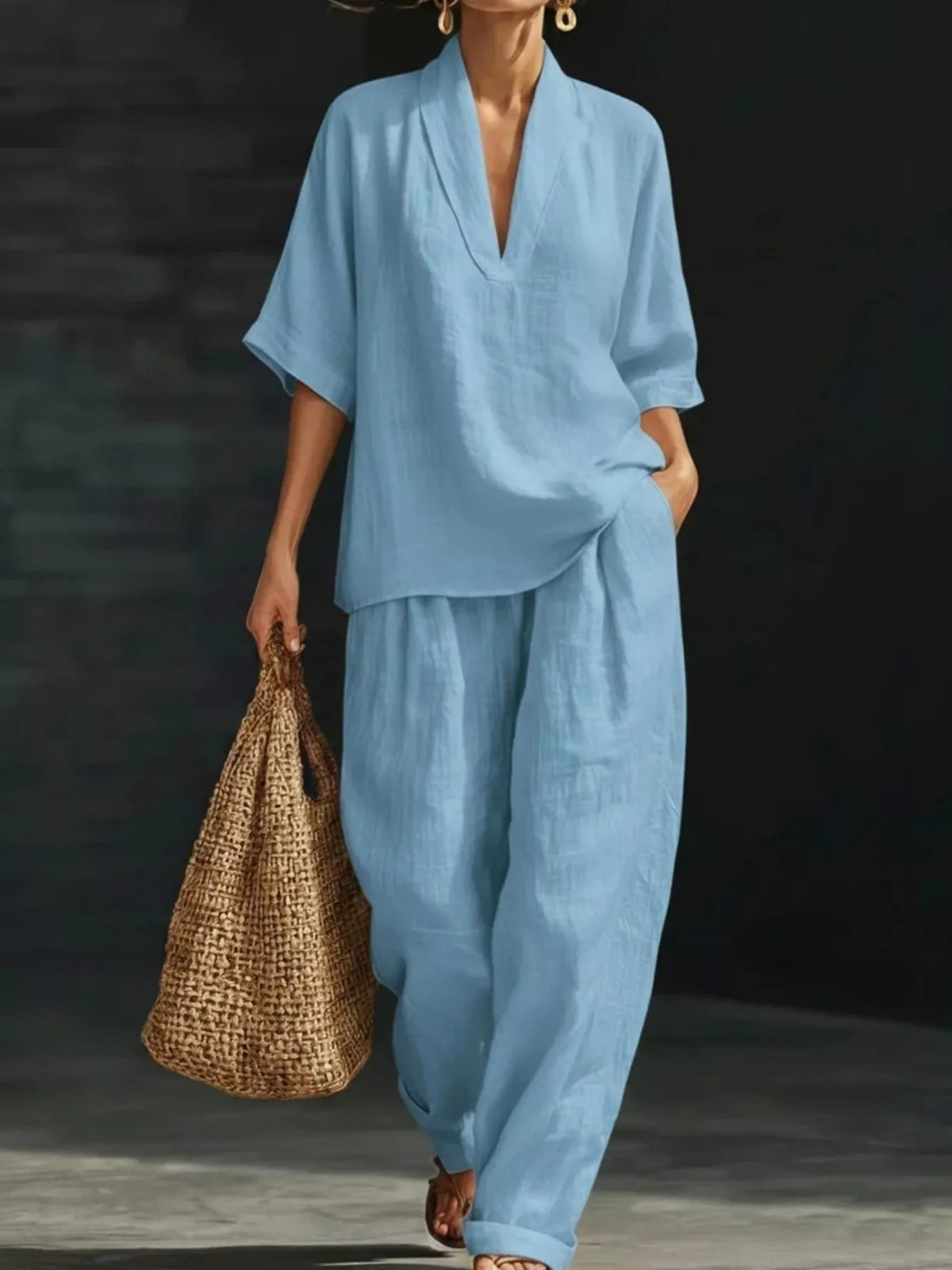 Half sleeve loose fit top and pants two piece set front view