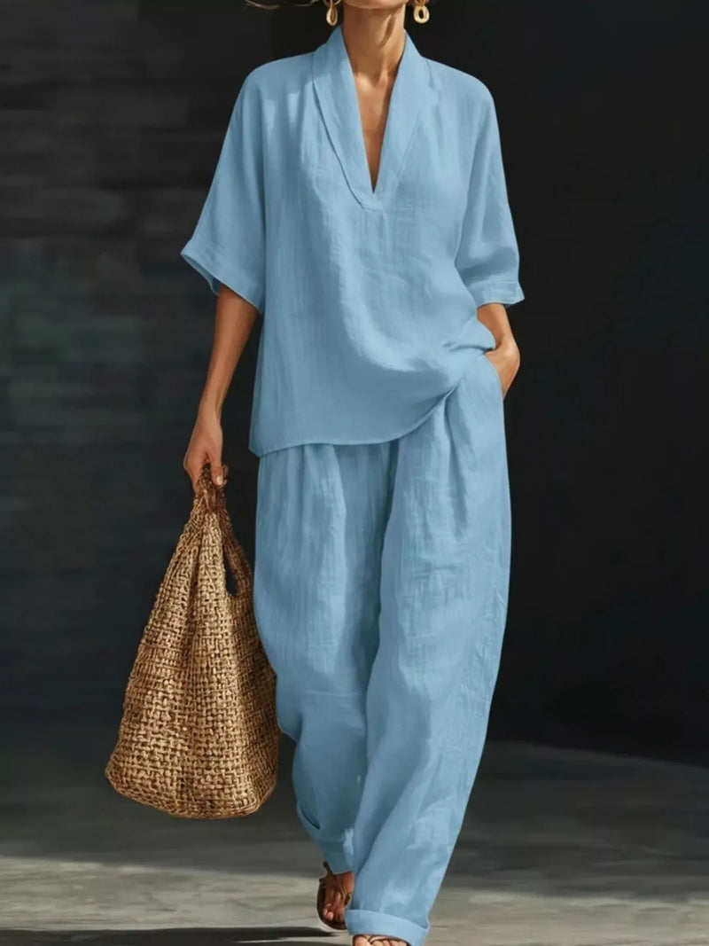 Half sleeve loose fit top and pants two piece set front view