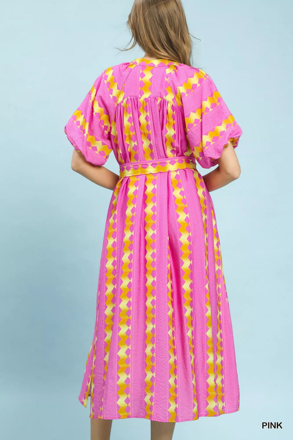 Pink stripe smocked waist dress side view