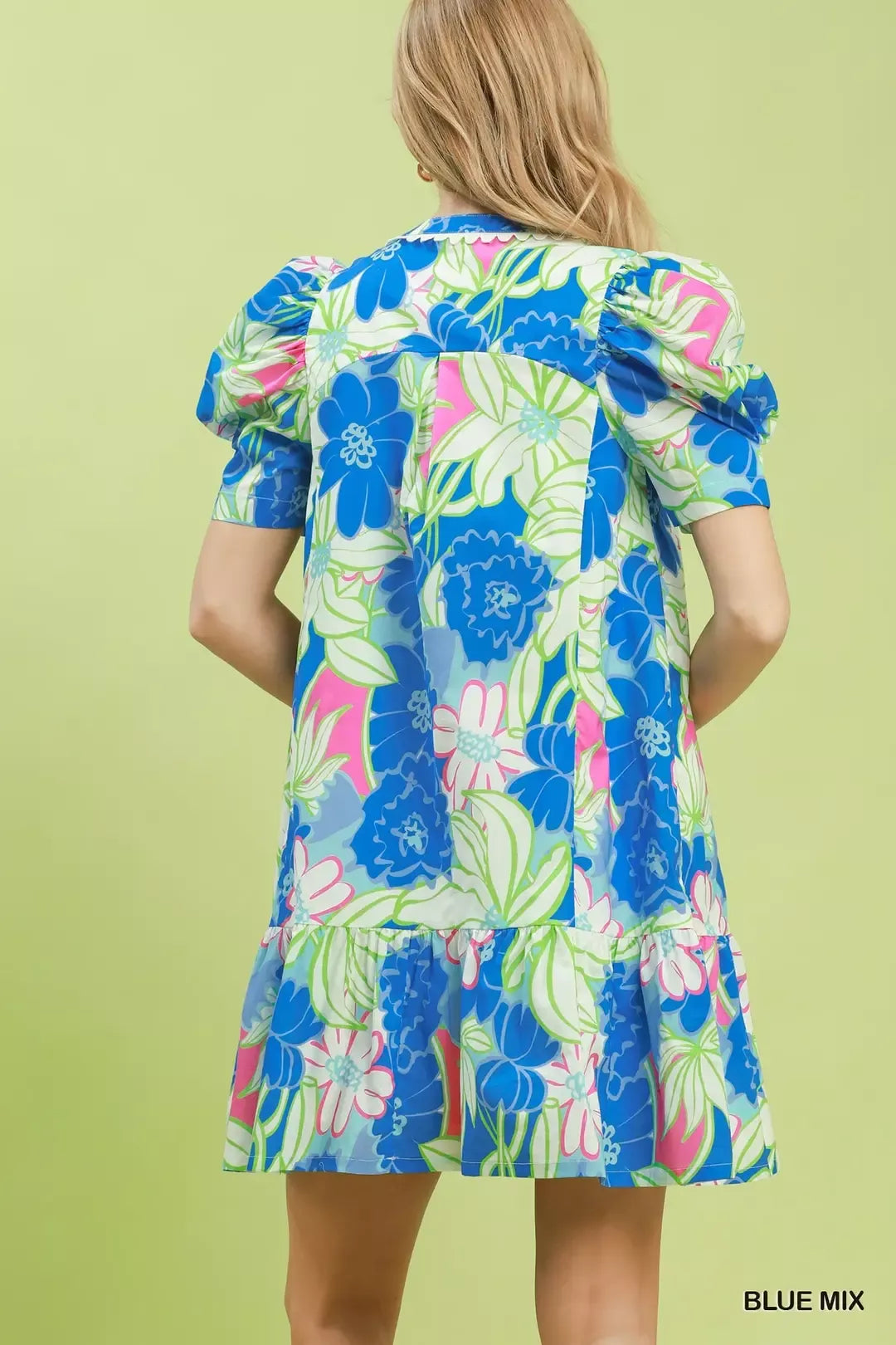 Umgee floral puff sleeve tiered mini dress in blue side view