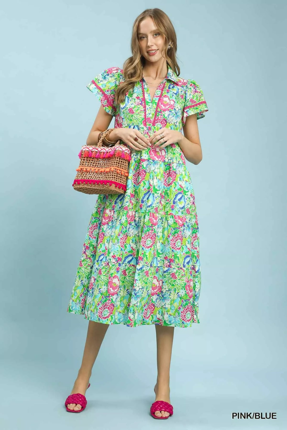 Pink and blue floral tiered midi dress styled view