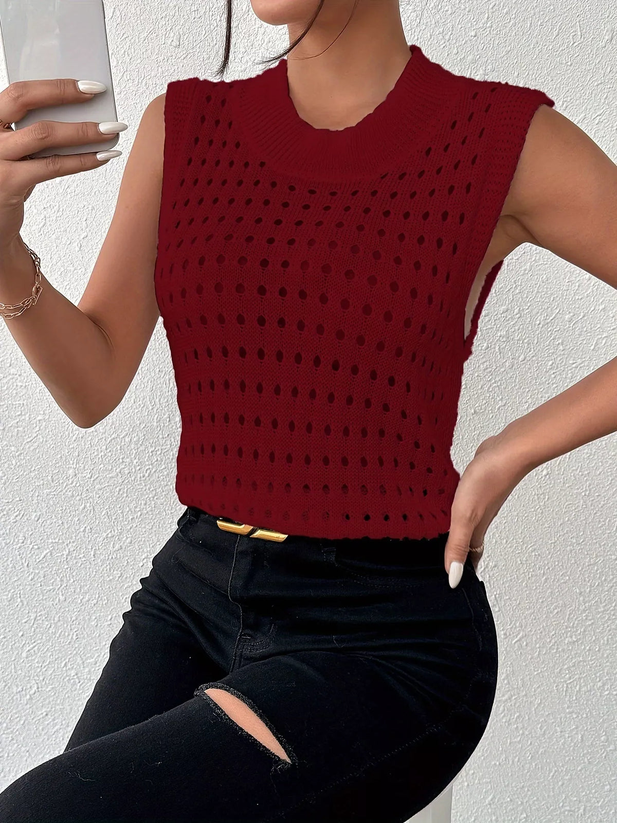 Openwork round neck knit tank knit texture close up
