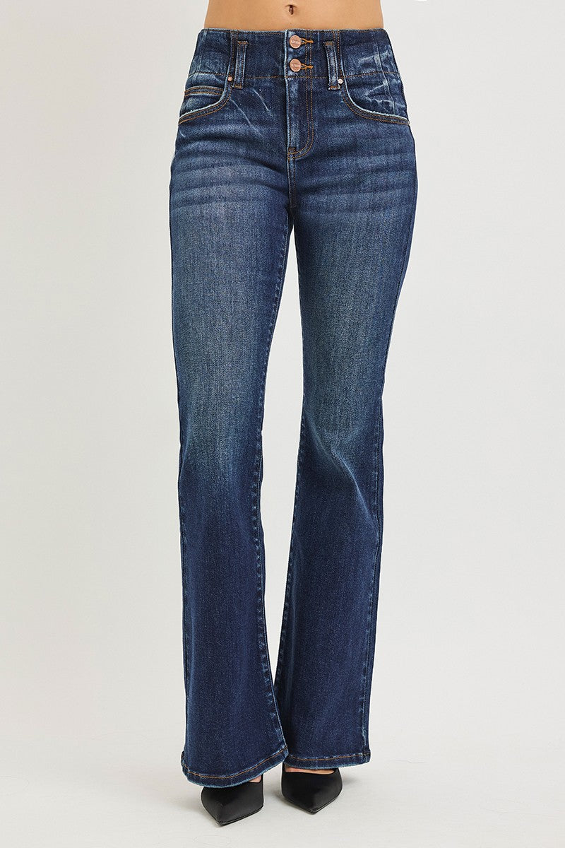Dark wash retro flare denim side profile