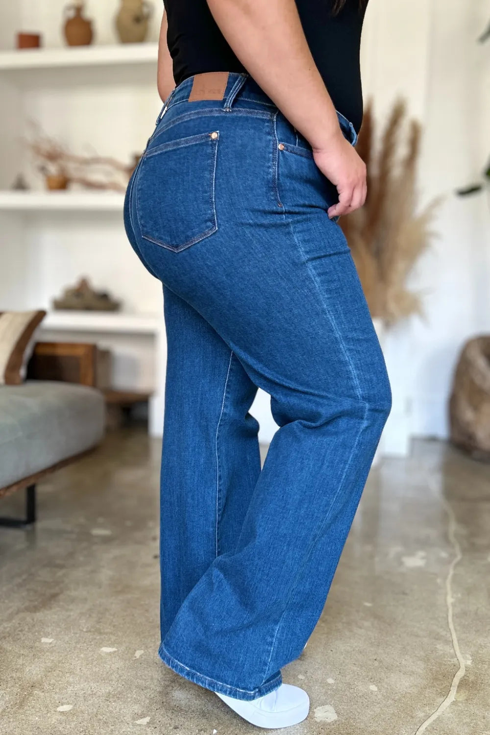 Straight leg jeans shown on a standing model