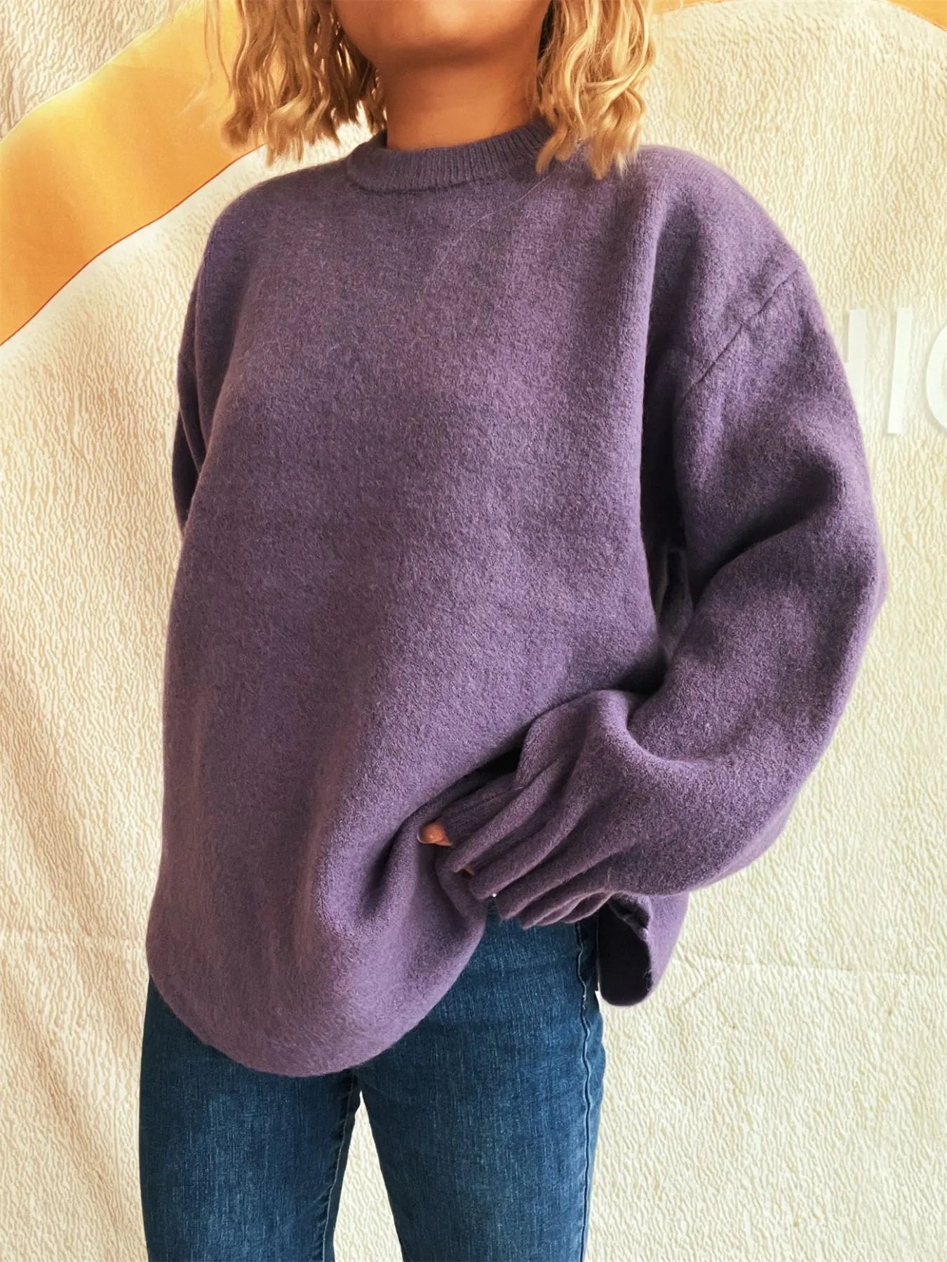 Round Neck Dropped Shoulder Sweater - Fashorio