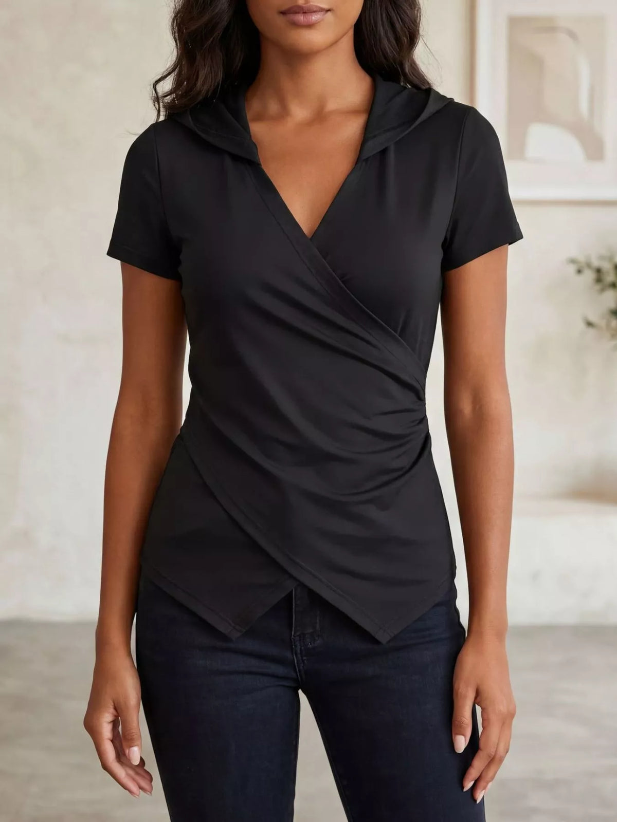 Hooded wrap front slim fit top, front view