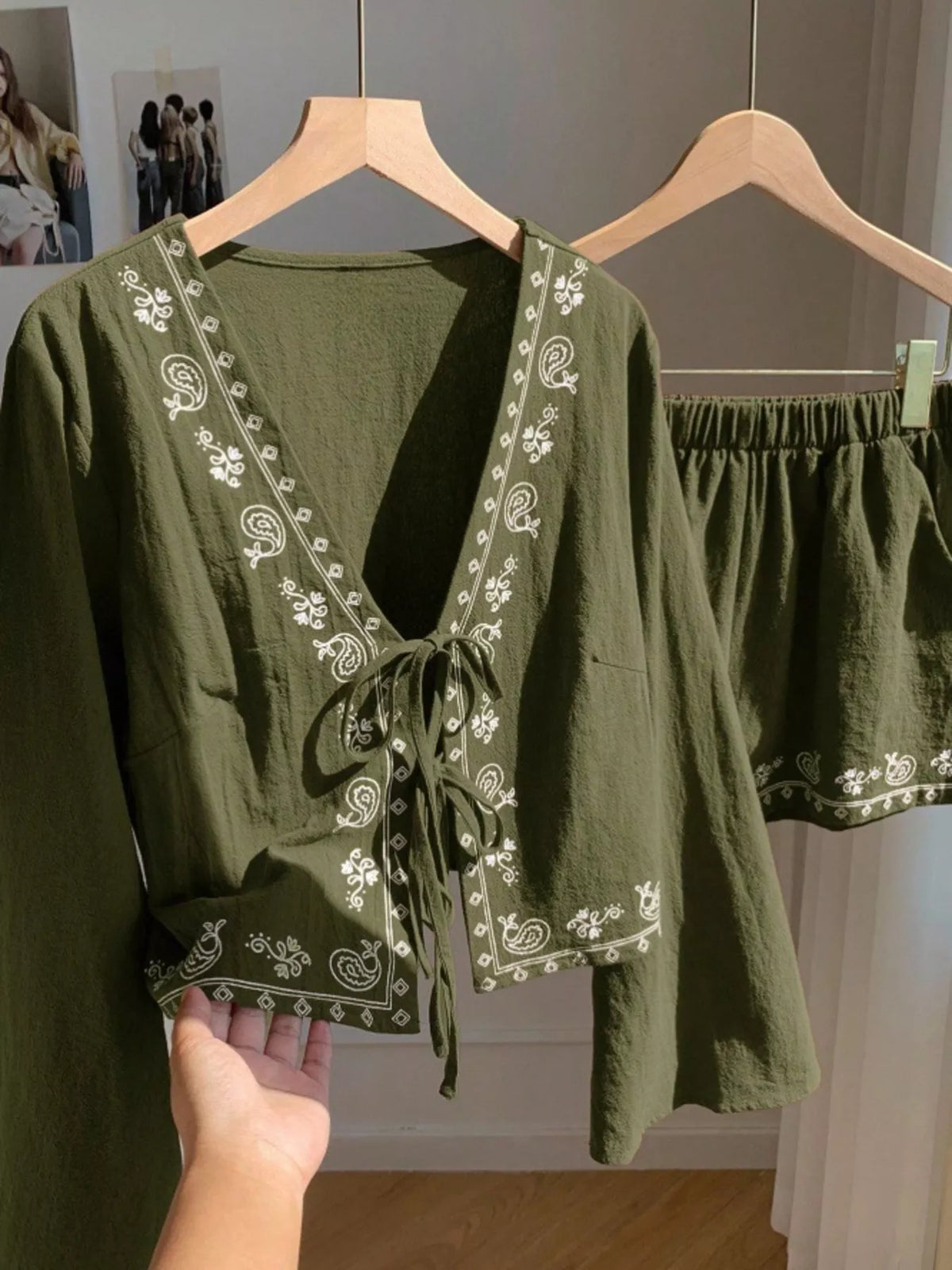 Embroidery and tie front detail on matching set