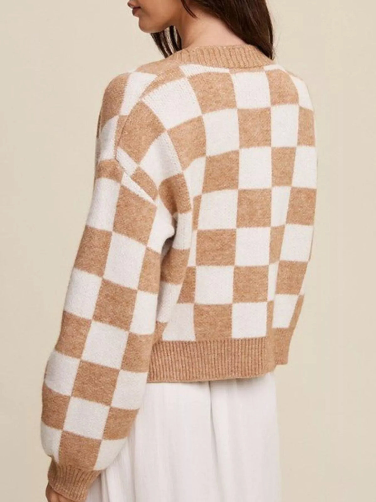 Checkerboard button down cardigan sleeve detail