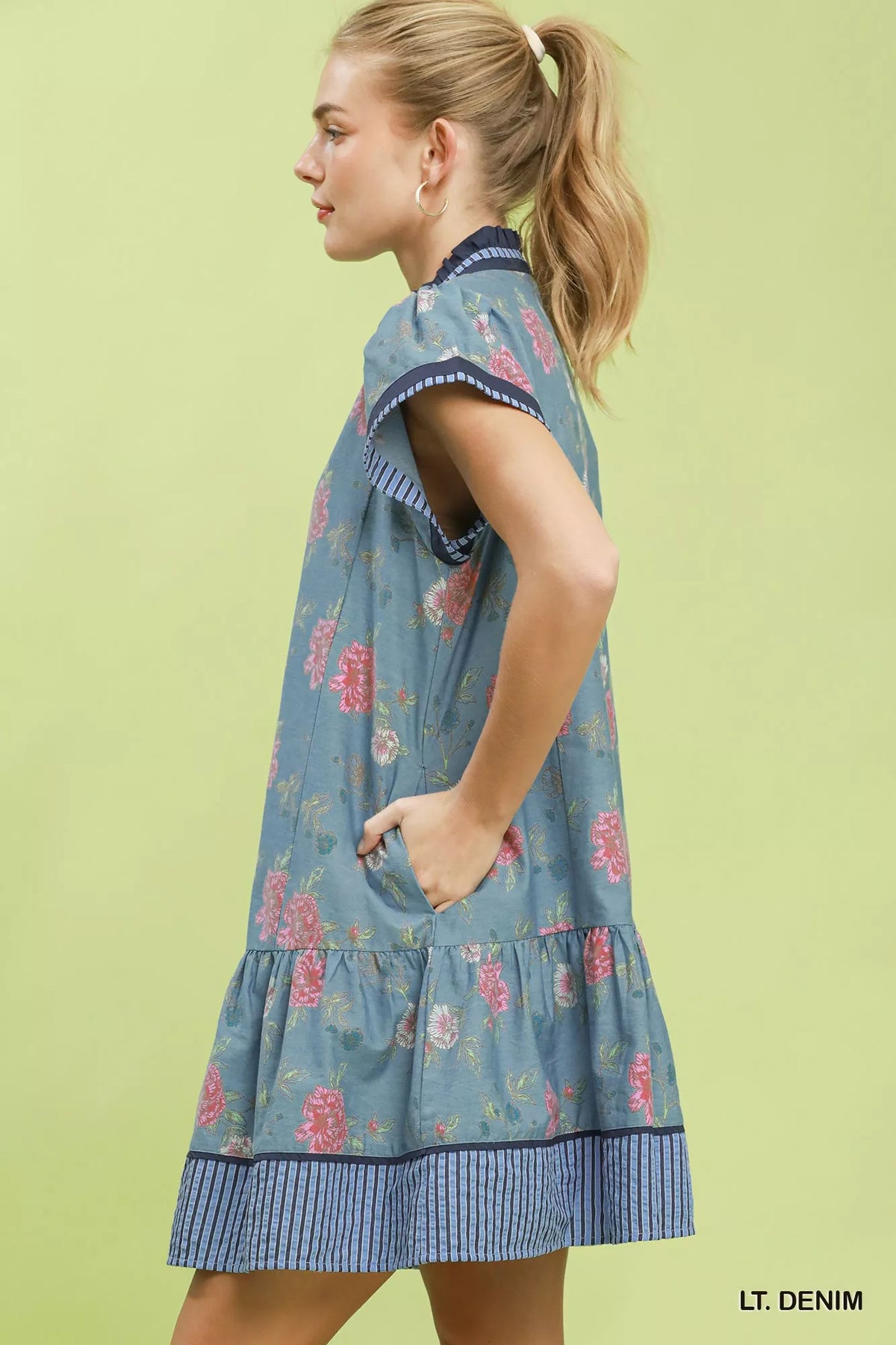Floral mini dress contrast trim and V neck detail