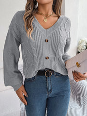 Cable-Knit Buttoned V-Neck Sweater Charcoal - Fashorio