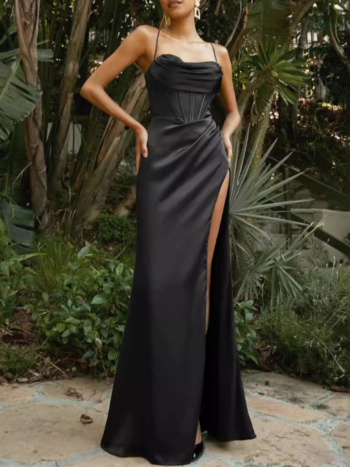 satin high slit cami maxi dress skirt detail