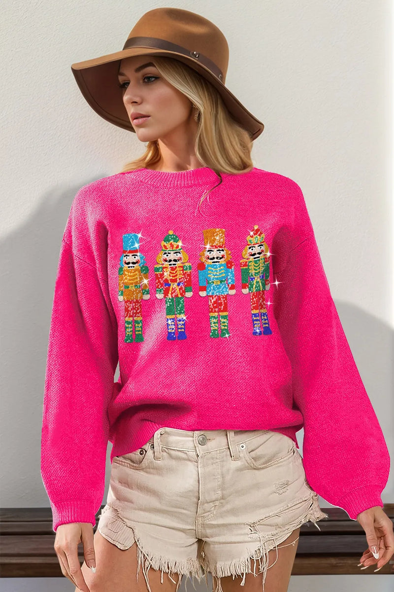 Sequin nutcracker long sleeve sweater front view