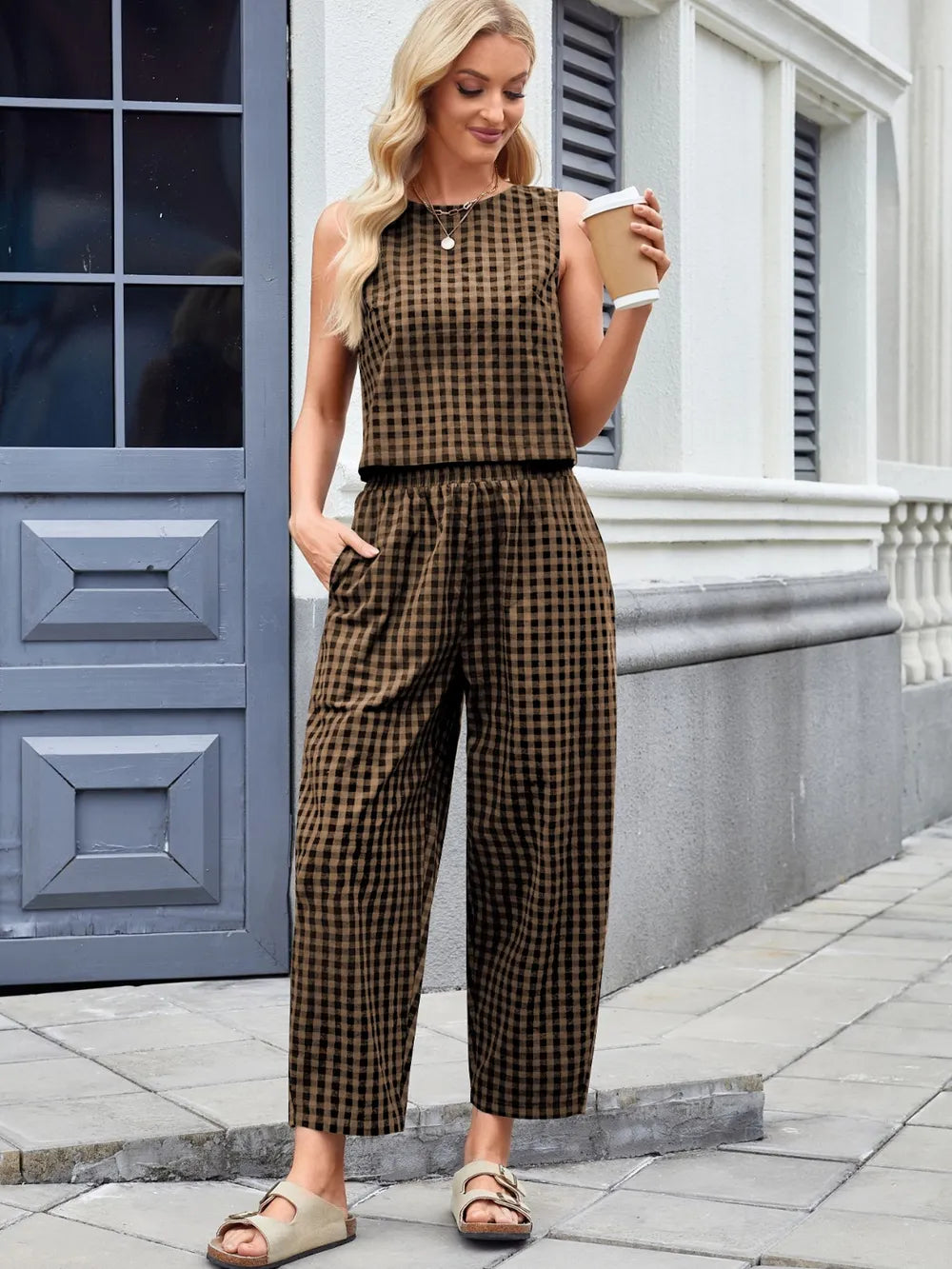 Plaid Sleeveless Top and Pants Set view 16