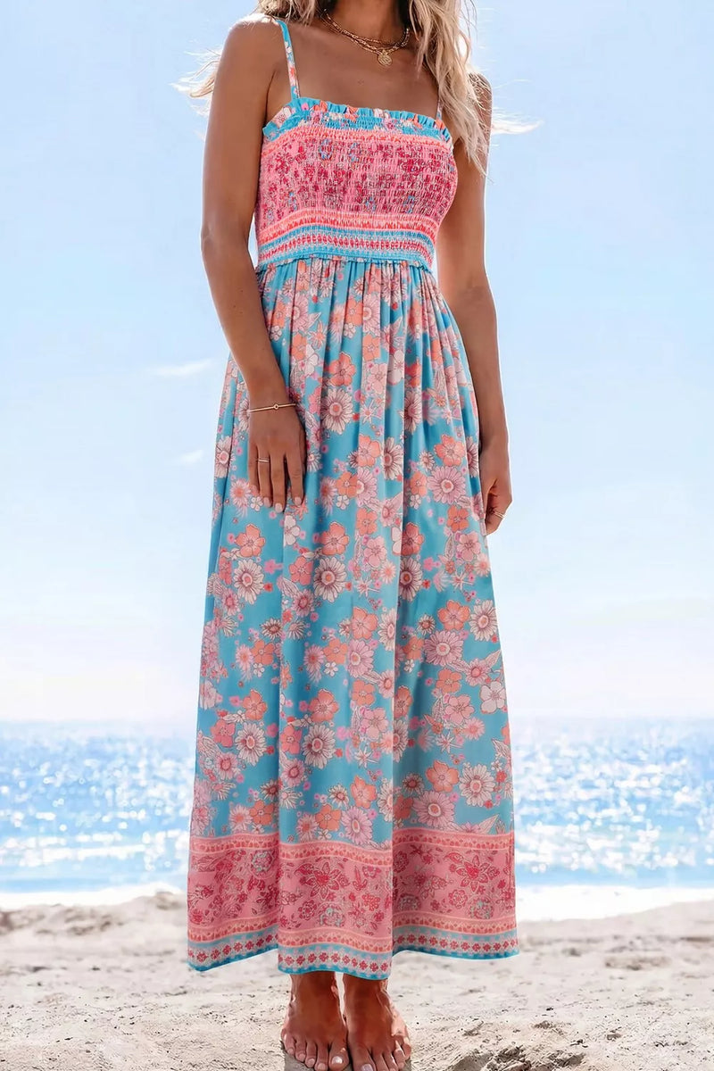 Bohemian Spaghetti Strap Vacation Maxi Dress front view