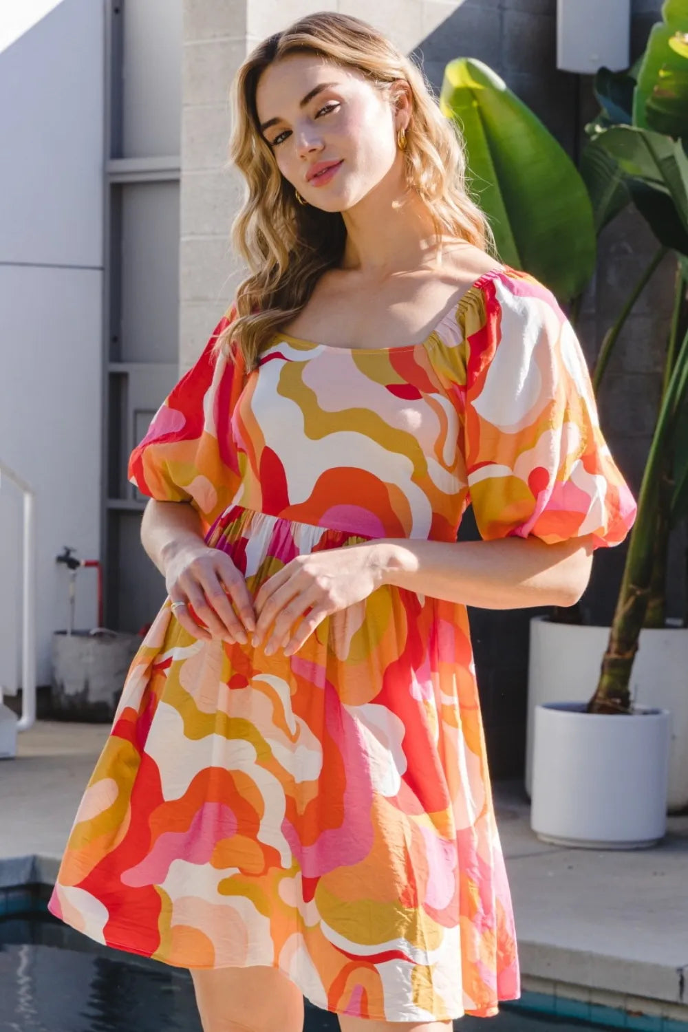 Printed Tied Back Short Sleeve Mini Dress on model
