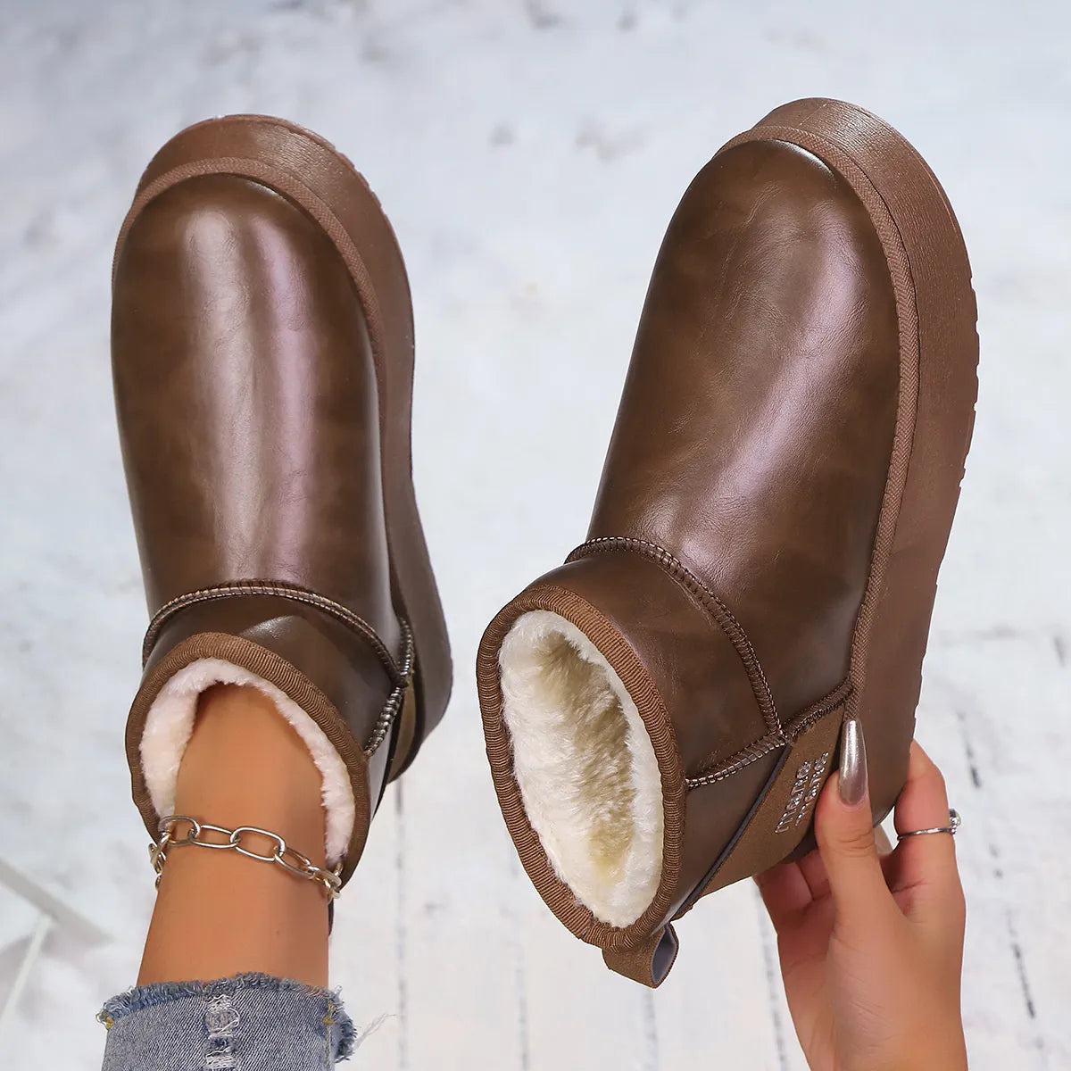 Faux fur platform ankle boots three quarter view