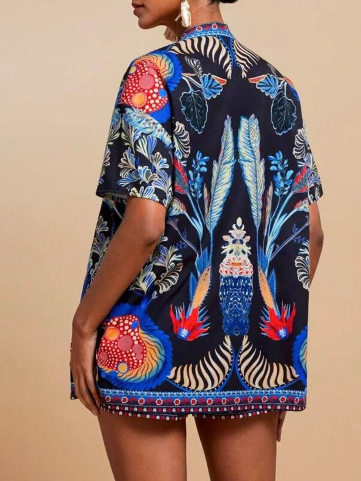 Printed open front cardigan and shorts set side view