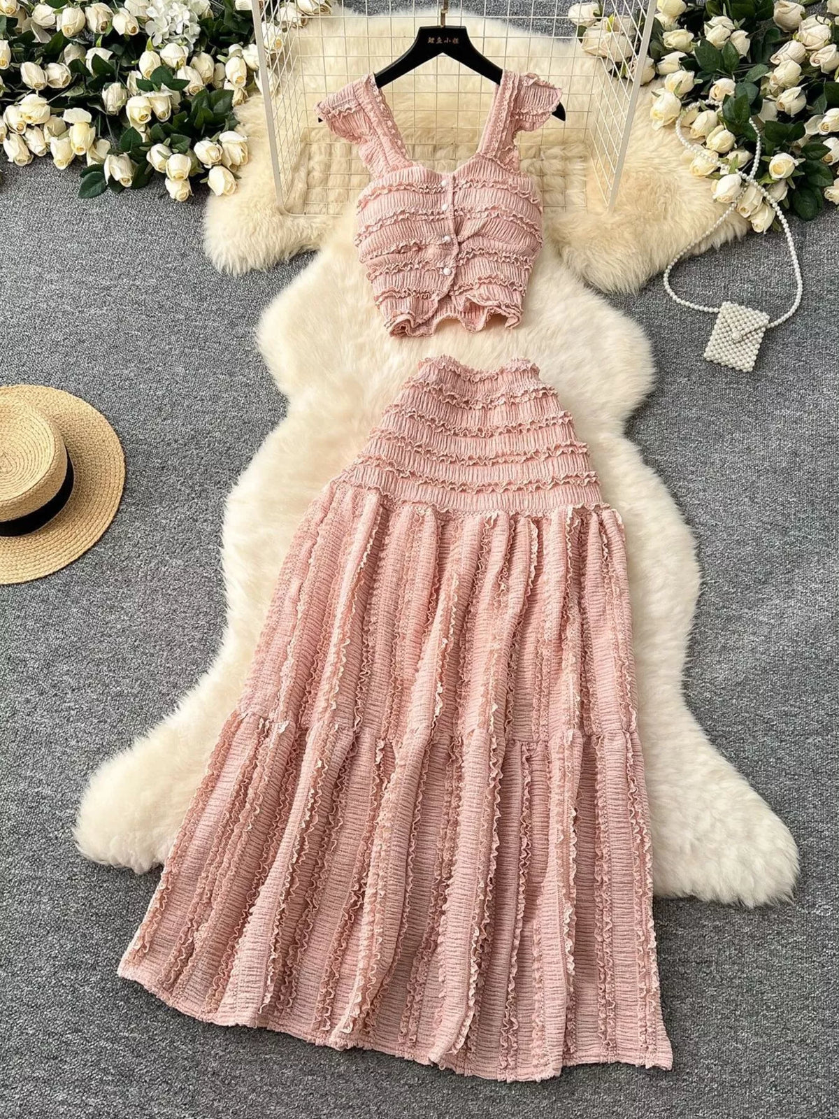 Textured Crop Top and Tiered Skirt Set, view 15