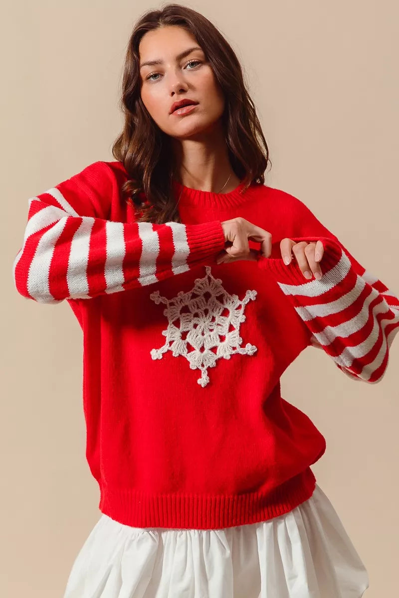 Snowflake Crochet Christmas Sweater in Red and Ivory close up