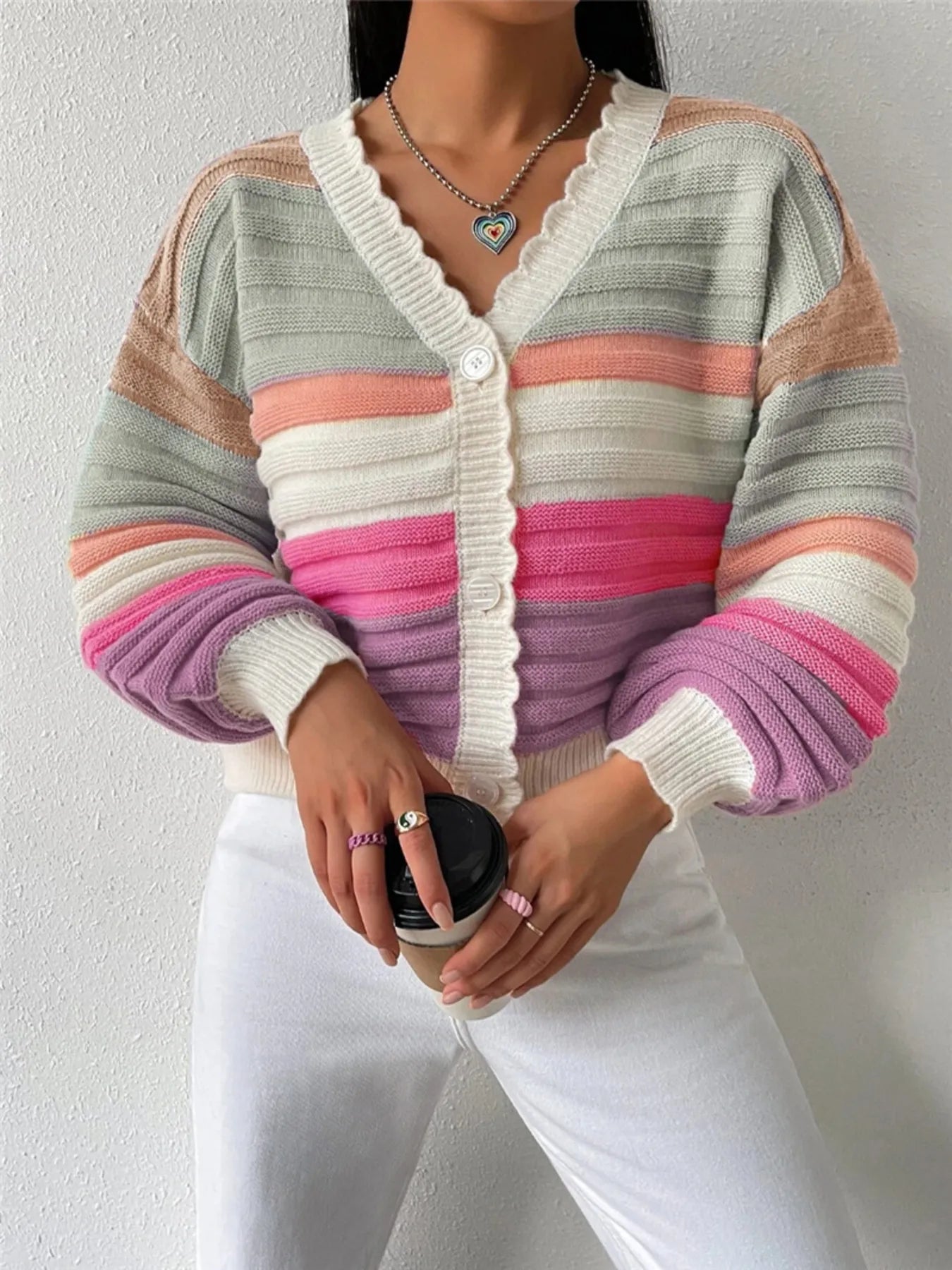 Rainbow Striped Cropped Cardigan with Balloon Sleeves - Fashorio