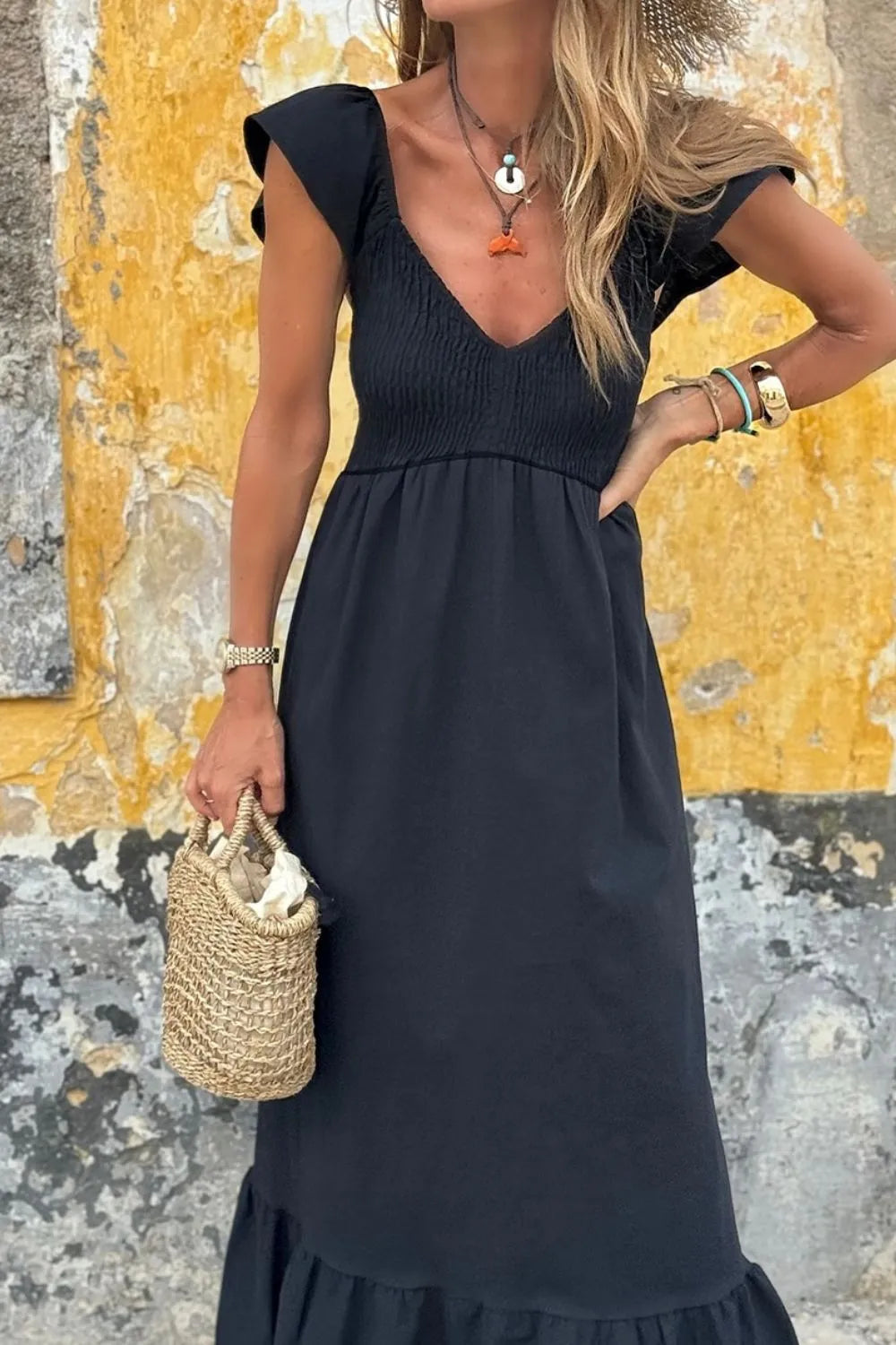 V-neck ruffled maxi dress side view