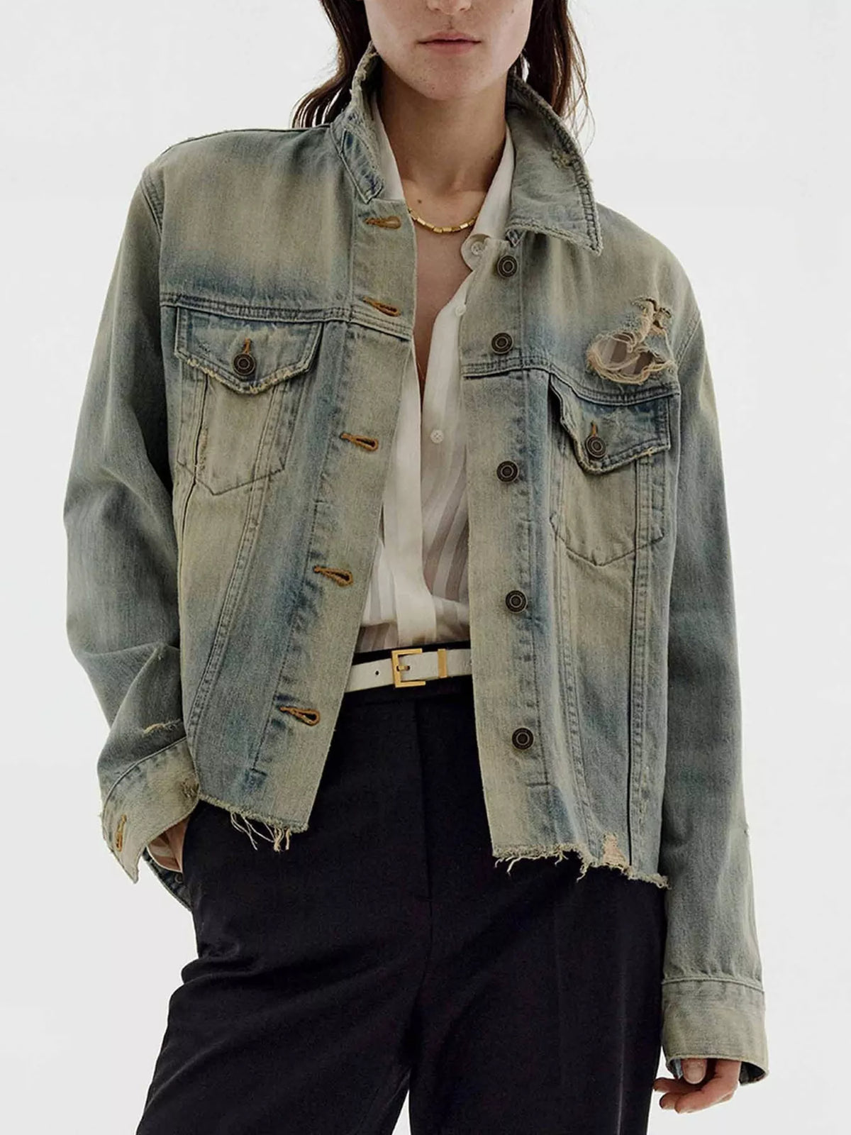 Distressed Wash Denim Jacket in Medium Wash back view