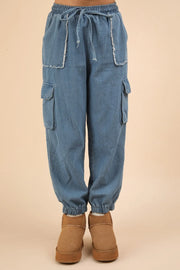 VERY J Washed Drawstring Jogger Cargo Jeans Indigo - Fashorio